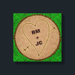 Heart Carved Initials Wood Tree Rings Personalized Canvas Print<br><div class="desc">This beautiful, romantic rustic nature stretched canvas design is perfect for a wedding, anniversary or Valentine's Day. It has a wood texture look, like the top view of a tree stump complete with rings and a bark border. A heart with arrow has been carved into it. Use the template field...</div>