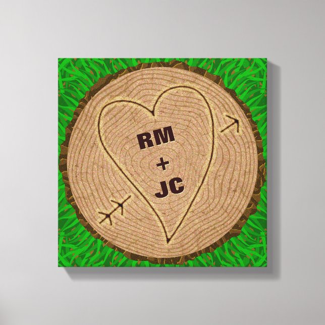 Heart Carved Initials Wood Tree Rings Personalized Canvas Print (Front)