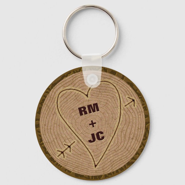 Heart Carved Initials Wood Tree Rings Personalized Keychain (Front)