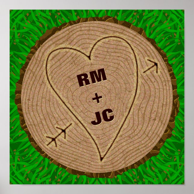 Heart Carved Initials Wood Tree Rings Personalized Poster (Front)