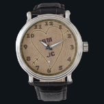Heart Carved Initials Wood Tree Rings Personalized Watch<br><div class="desc">This beautiful, romantic rustic nature wristwatch design is perfect for a wedding, anniversary or Valentine's Day. It has a wood texture look, like the top view of a tree stump complete with rings and a bark border. A heart with arrow has been carved into it. Use the template field to...</div>