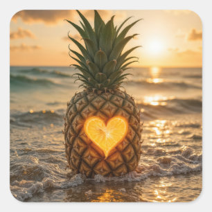 Heart Carved Into a Pineapple On a Beach Square Sticker