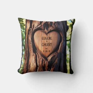 Heart Carved Names Date Wood Tree Trunk  Throw Pillow