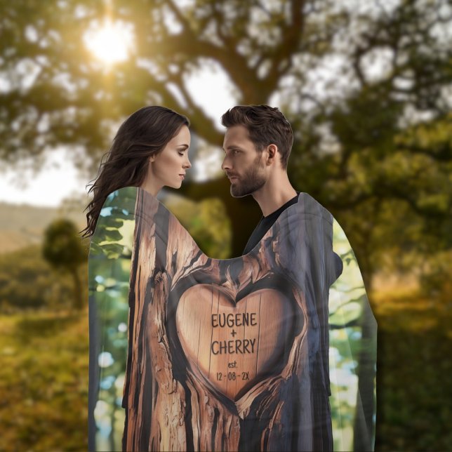 Heart Carved Names Wood Tree Trunk Fleece Blanket (Personalized Blanket Carved Heart On Tree Trunk Couple's Names and Date Valentines Anniversary Gift)