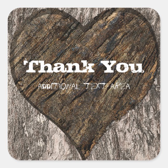 Heart Carved Tree Trunk Bark Rustic Wedding Favour Square Sticker (Front)