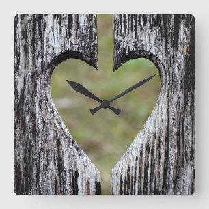 Heart Carved Wood Square Wall Clock