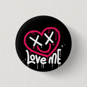 heart character with dead eyes and smile sprayed 1 inch round button