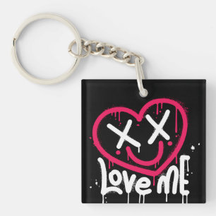 heart character with dead eyes and smile sprayed keychain