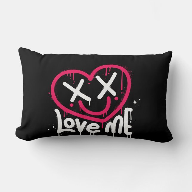 heart character with dead eyes and smile sprayed lumbar pillow (Front)