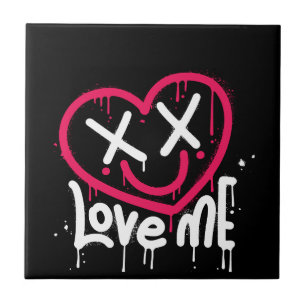 heart character with dead eyes and smile sprayed tile