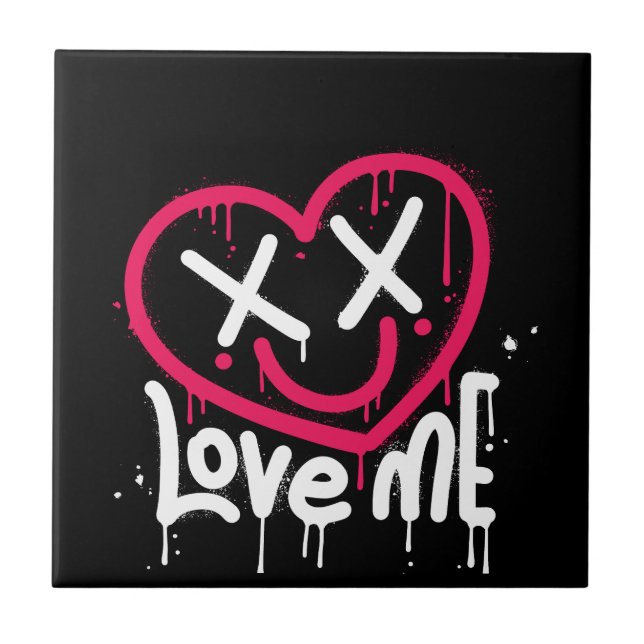 heart character with dead eyes and smile sprayed tile (Front)