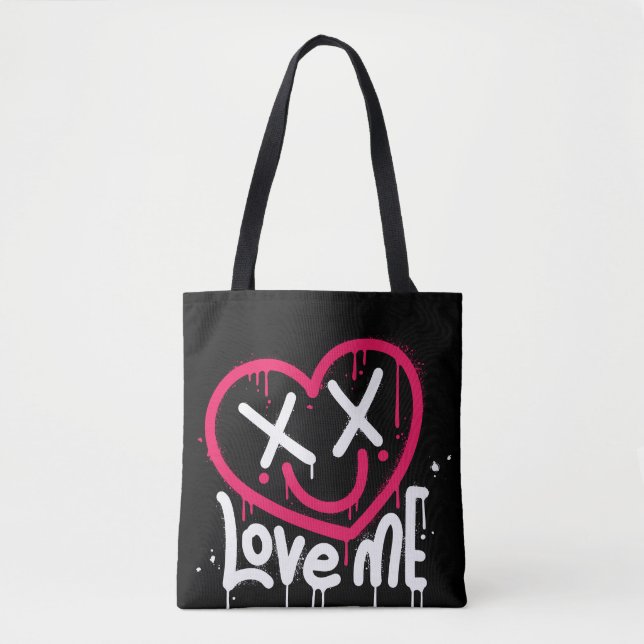 heart character with dead eyes and smile sprayed tote bag (Front)
