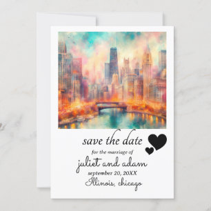 Heart chicago wedding skyline save the date invitation