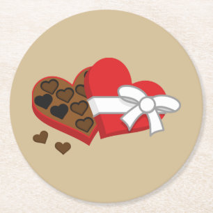 Heart Chocolate Gift Box - Valentine's Day Round Paper Coaster