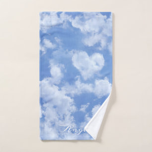   Heart Cloud Sky Cute Fun Modern Blue Custom Name Bath Towel Set