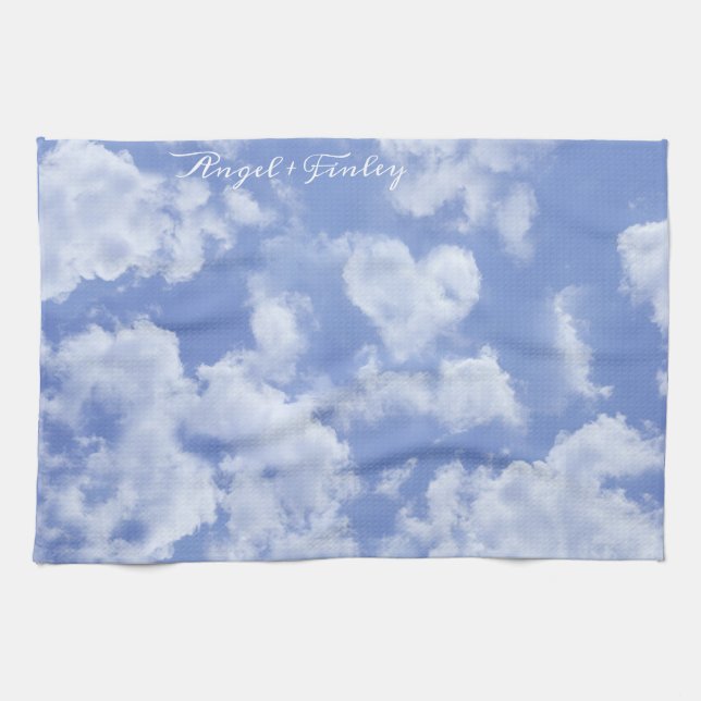   Heart Cloud Sky Cute Fun Modern Blue Custom Name Kitchen Towel (Horizontal)