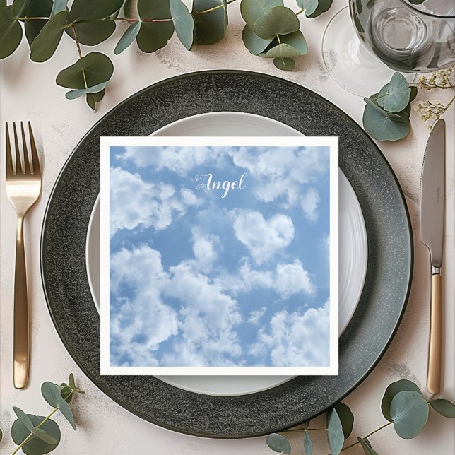   Heart Cloud Sky Cute Fun Modern Blue Custom Name Napkin (Creator Uploaded)