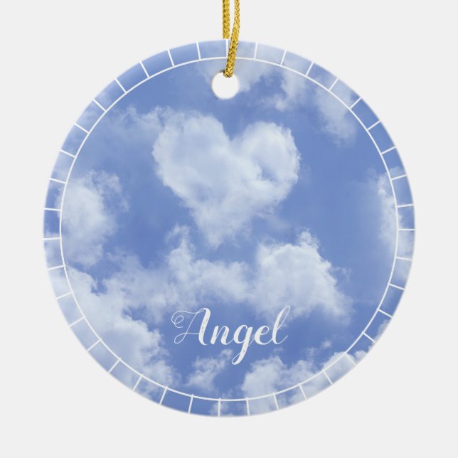 Heart Cloud Sky Cute Modern Blue Custom Wedding Ceramic Ornament (Front)