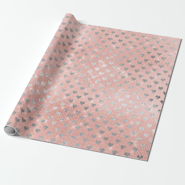 Heart Confetti Sparkly Sequin Silver Pink Rose Wrapping Paper (Unrolled)