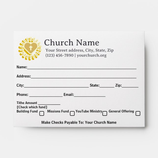 Heart Cross Sun Church Tithe Offering Collection Envelope (Front)