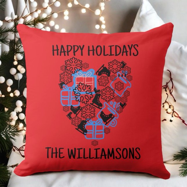 Heart cute Christmas doodle red black monogram  Throw Pillow (Creator Uploaded)