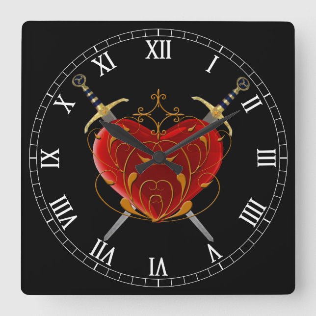 Heart & Daggers Square Roman Numerals Clock (Front)