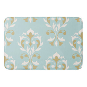 Heart Damask Art I Cream & Gold on Blue Bath Mat