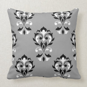 Heart Damask Big Ptn Black & White on Grey Throw Pillow