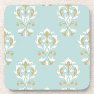 Heart Damask Big Ptn Cream & Gold on Blue Coaster
