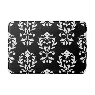 Heart Damask Lg Ptn II White on Black Bath Mat