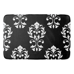Heart Damask Lg Ptn White on Black Bath Mat
