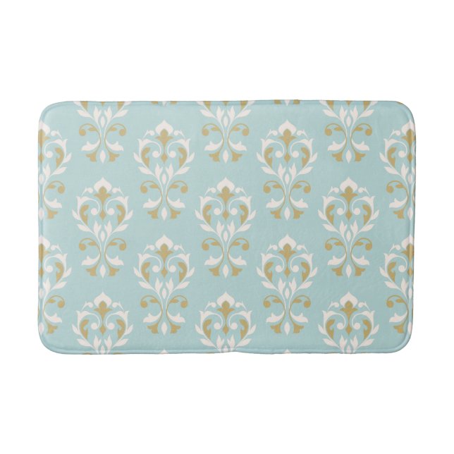 Heart Damask Ptn II Cream & Gold on Blue Bath Mat (Front)