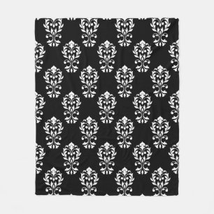 Heart Damask Ptn White on Black Fleece Blanket
