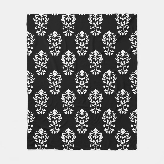 Heart Damask Ptn White on Black Fleece Blanket (Front)