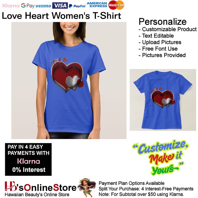 Heart Deep Royal Blue Women's T-Shirt  (Love Heart Women's T-Shirt with Blue Background.)