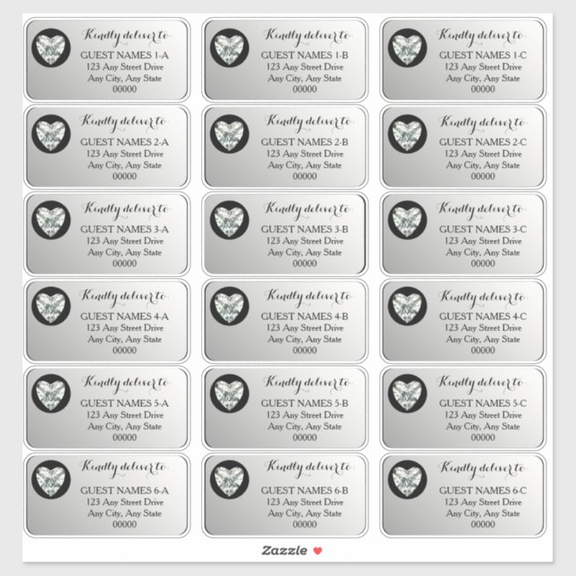 Heart Diamond Silver Wedding Guest Address  Sticke (Sheet)