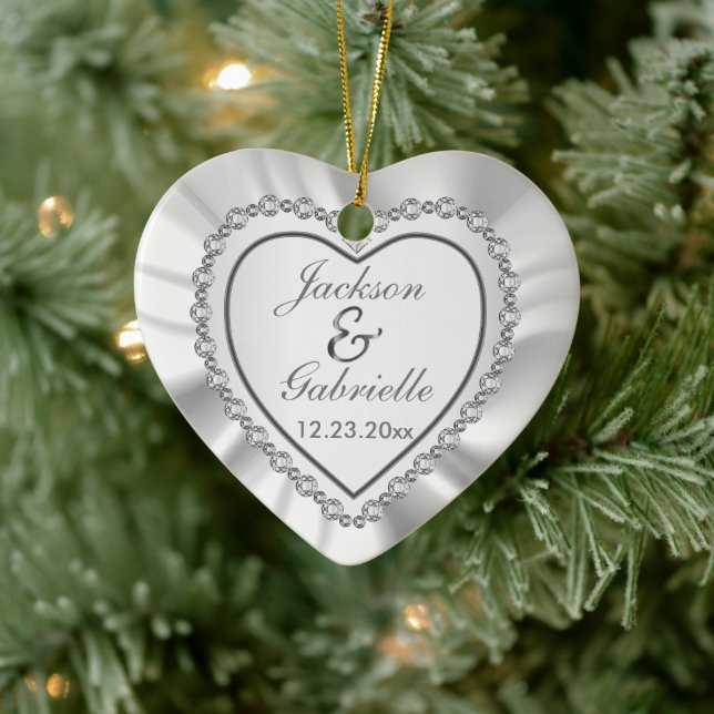 Heart Diamond & White Satin - Wedding Ceramic Ornament (Tree)
