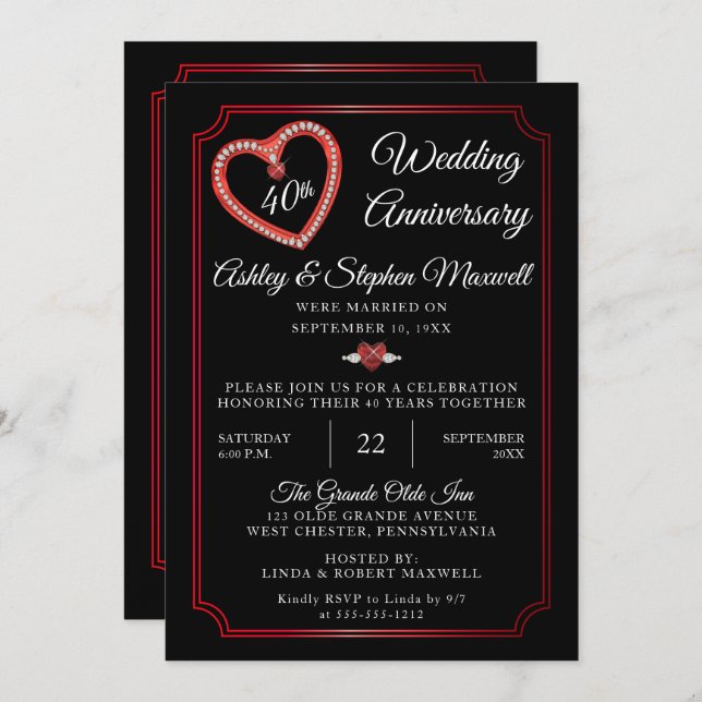 Heart Diamonds 40th Wedding Anniversary Party Invitation (Front/Back)