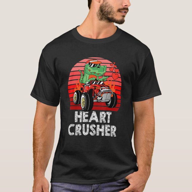 Heart Dinosaur Crusher Valentines Day T-Rex Riding T-Shirt (Front)