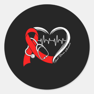 Heart Disease Awareness Heartbeat Red Ribbon Steth Classic Round Sticker
