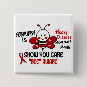 Heart Disease Awareness Month Bee 1.1 2 Inch Square Button