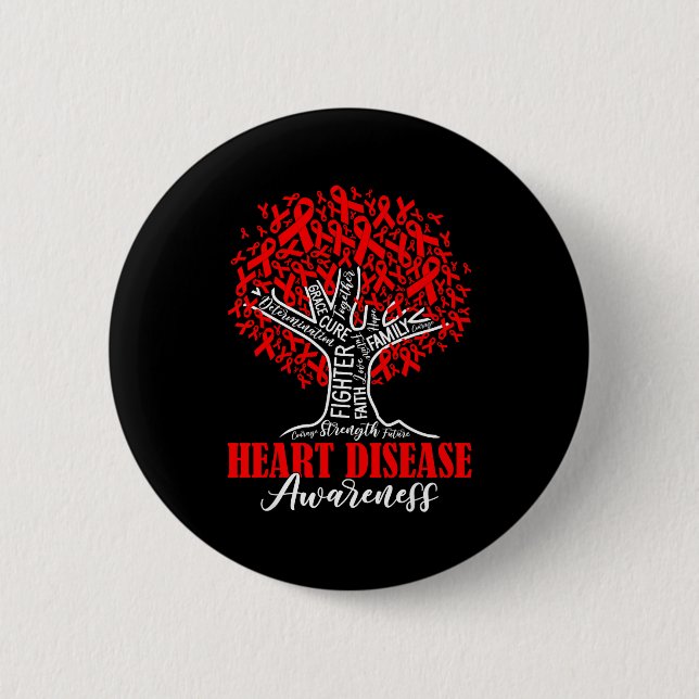 Heart Disease Awareness Month Fighter Tree With Re 2 Inch Round Button (Front)
