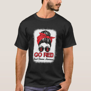 Heart Disease Awareness Month Red Ribbon Messy Bun T-Shirt