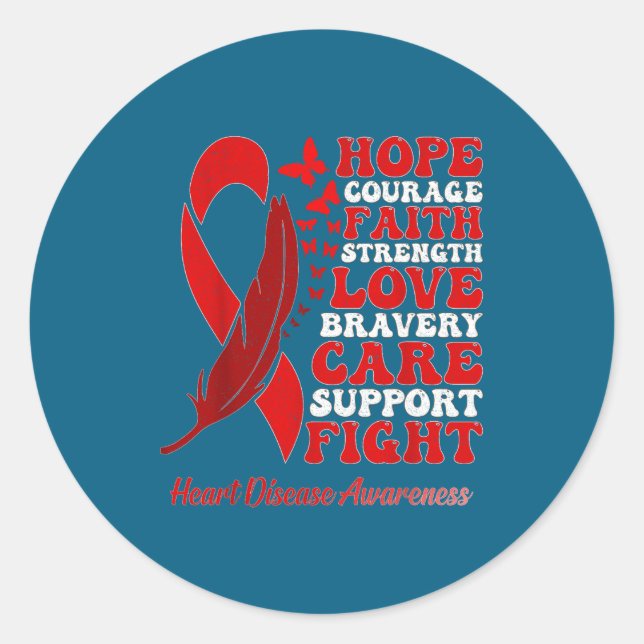 Heart Disease Awareness Red Butterflies Ribbon Sup Classic Round Sticker (Front)
