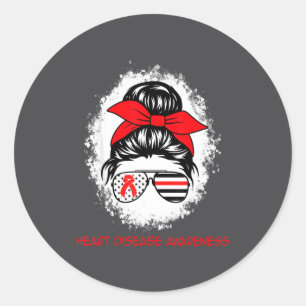 Heart Disease Awareness Red Ribbon Heart Messy Bun Classic Round Sticker