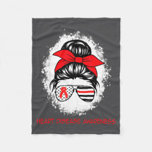 Heart Disease Awareness Red Ribbon Heart Messy Bun Fleece Blanket