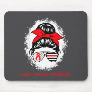 Heart Disease Awareness Red Ribbon Heart Messy Bun Mouse Pad