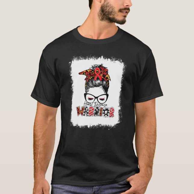 Heart Disease Warrior Leopard Messy Bun Heart Heal T-Shirt (Front)