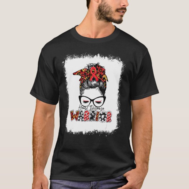 Heart Disease Warrior Leopard Messy Bun Heart Heal T-Shirt (Front)