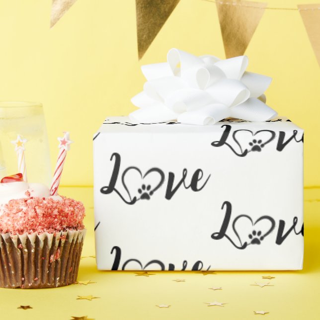 Heart Dog Paw Print With Love Text Wrapping Paper (Birthday Party)